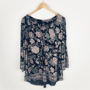 Lucky Brand Plus Size Black and Taupe Rose Paisley Floral Border Tunic Size 2X